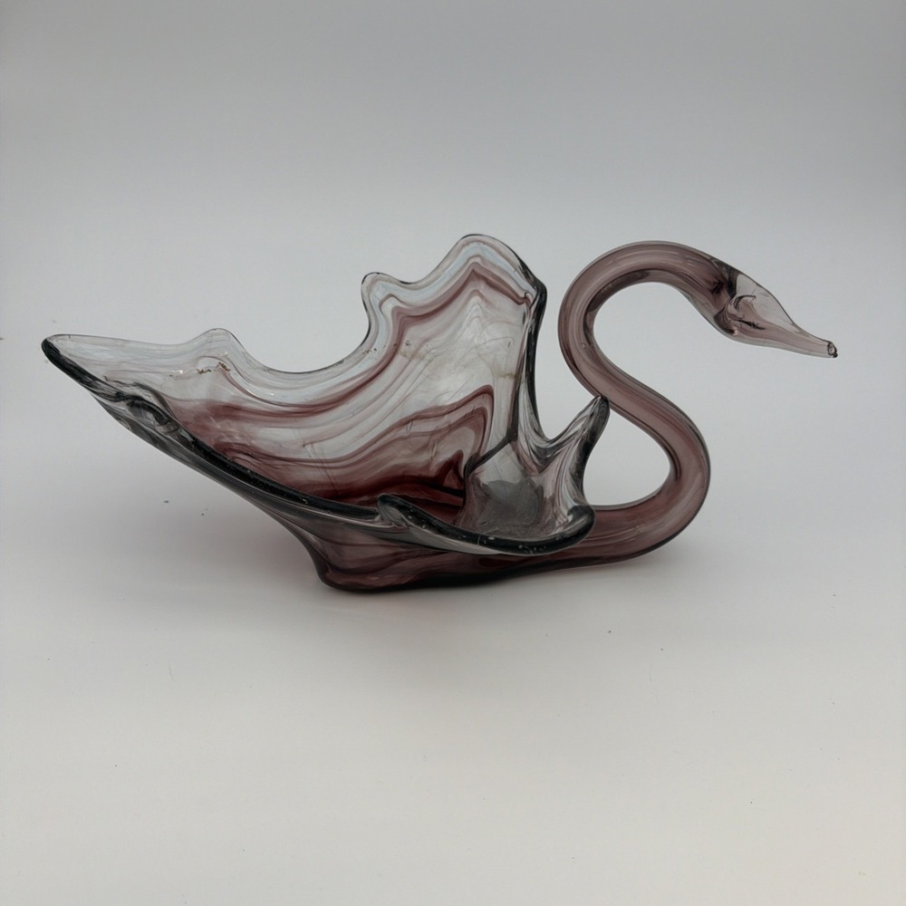 Vintage Hand Blown  Purple Swan Centerpiece Bowl Vase